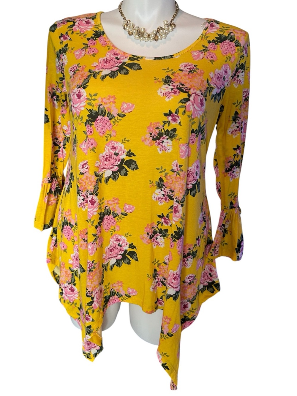 Bobbie Brooks Yellow Floral Scoop Neck Tunic with Pink Roses EUC sz 1X